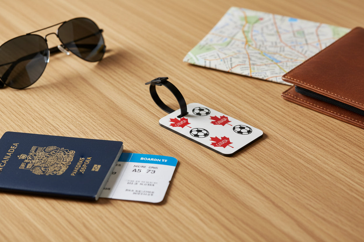 Canadian flag‑inspired travel tag with football pattern on a table with a passport and other travel items. Roxzell