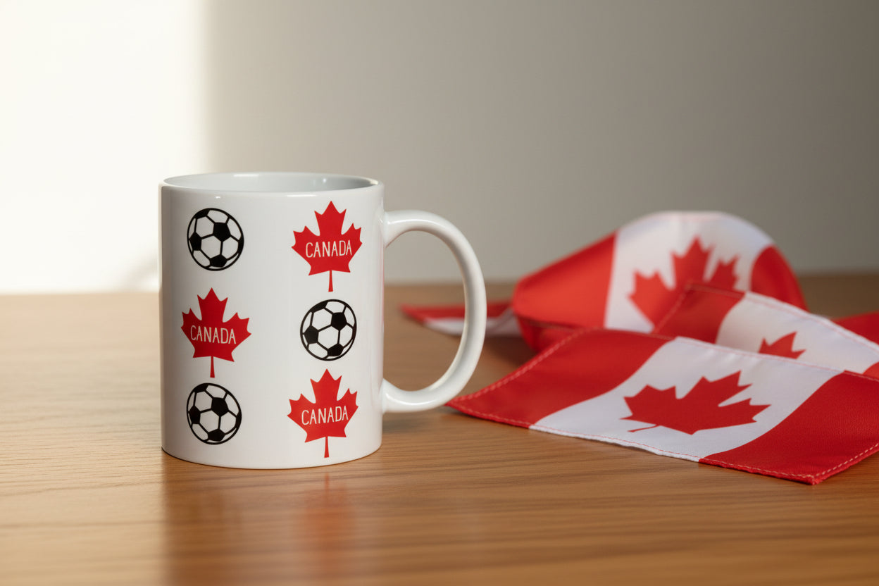 Glossy white mug featuring Canada’s maple leaf motif and soccer ball pattern beside a Canadian flag on a wood desk, celebrating national football enthusiasm.
