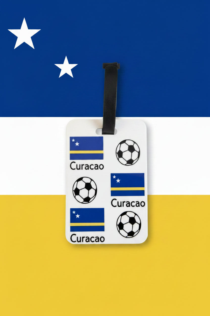 Caribbean‑inspired travel tag combining Curacao flag and football icons on a blue, white, and yellow background. Roxzell