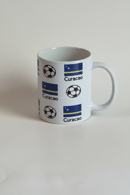 Glossy white mug printed with Ecuador’s flag and soccer ball pattern, celebrating national sports enthusiasm.