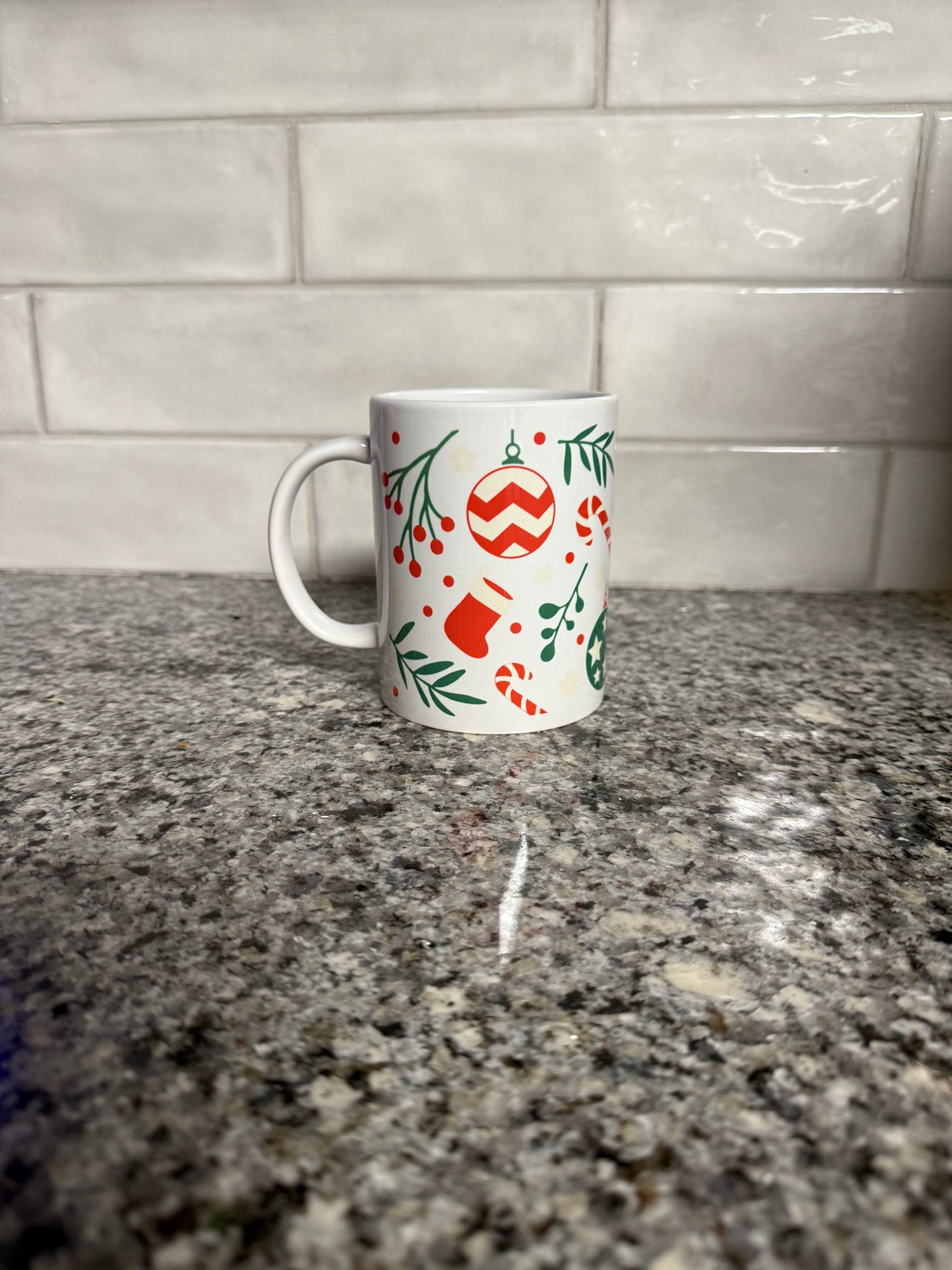 Christmas mug with red and green ornaments, red stockings and candy canes, Roxzell