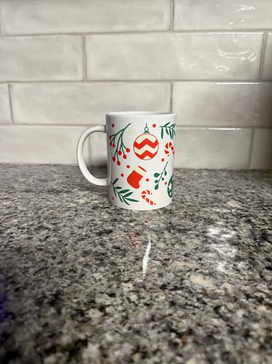 Christmas mug with red and green ornaments, red stockings and candy canes, Roxzell