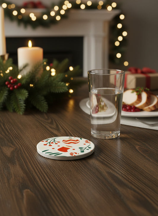 Kitchen coaster with Christmas design on a table with a glass of water and plate of food, Roxzell