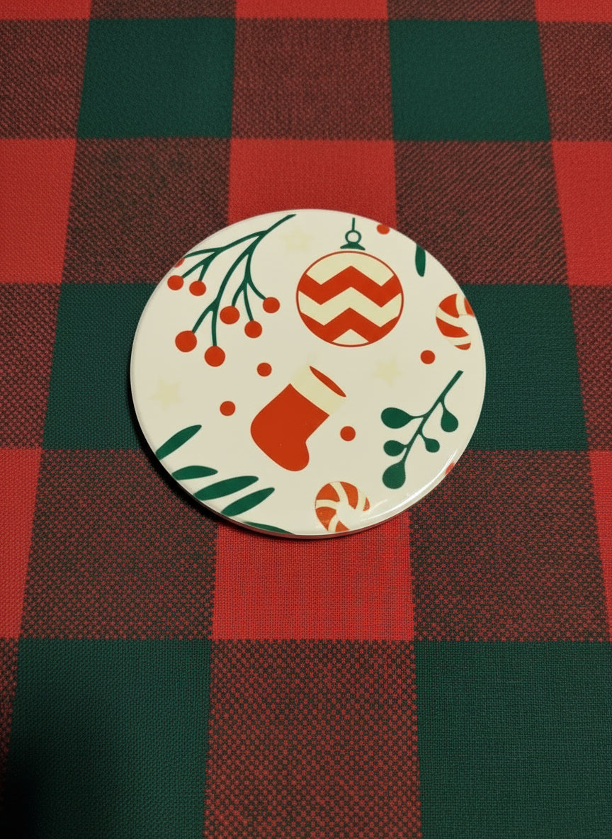 Kitchen coaster designed with Christmas ornaments, Christmas Stocking, and Christmas flowers, Roxzell