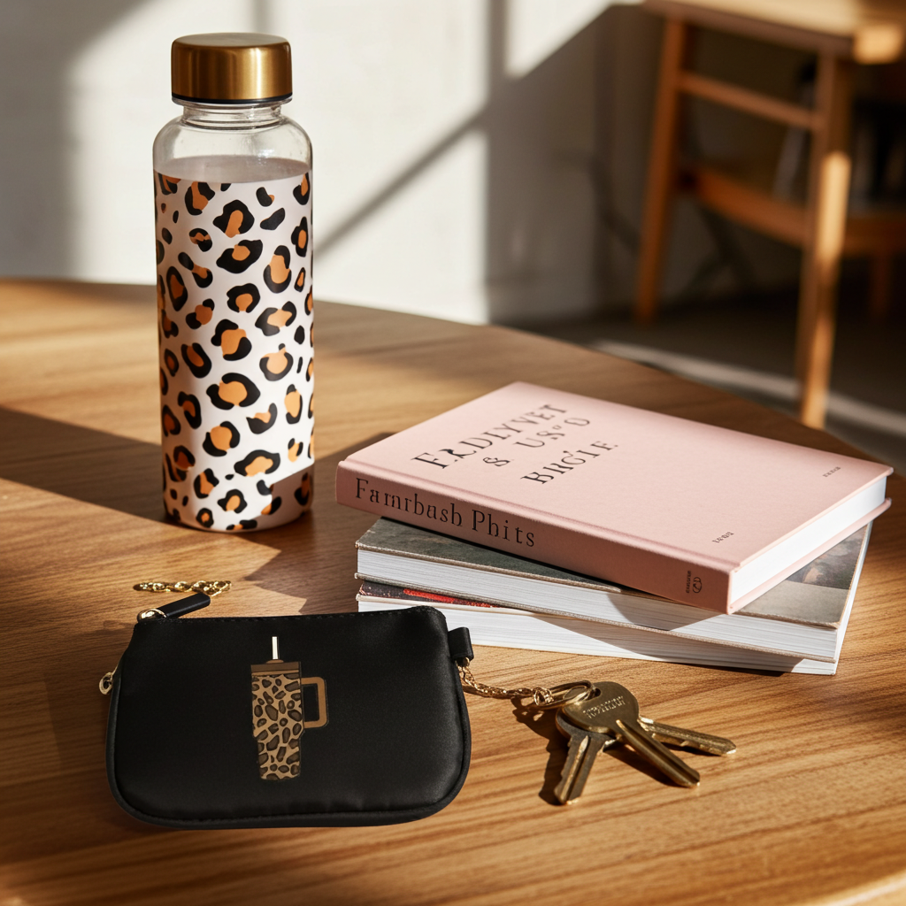 Small black coin purse/id wallet with Leopard print water bottle design on a desk beside a water bottle and books, Roxzell