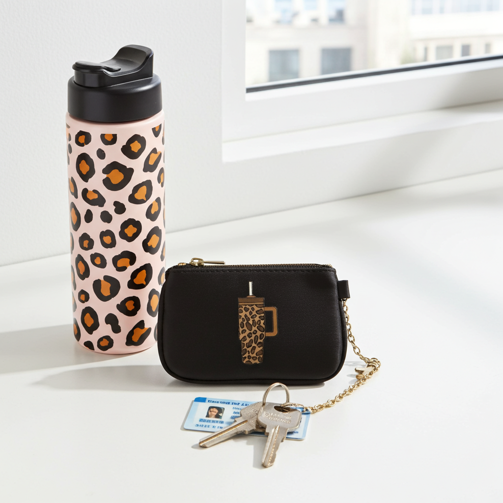 Small black coin purse with eopard print tumbler desgin, keys, and ID card on a white window seal.