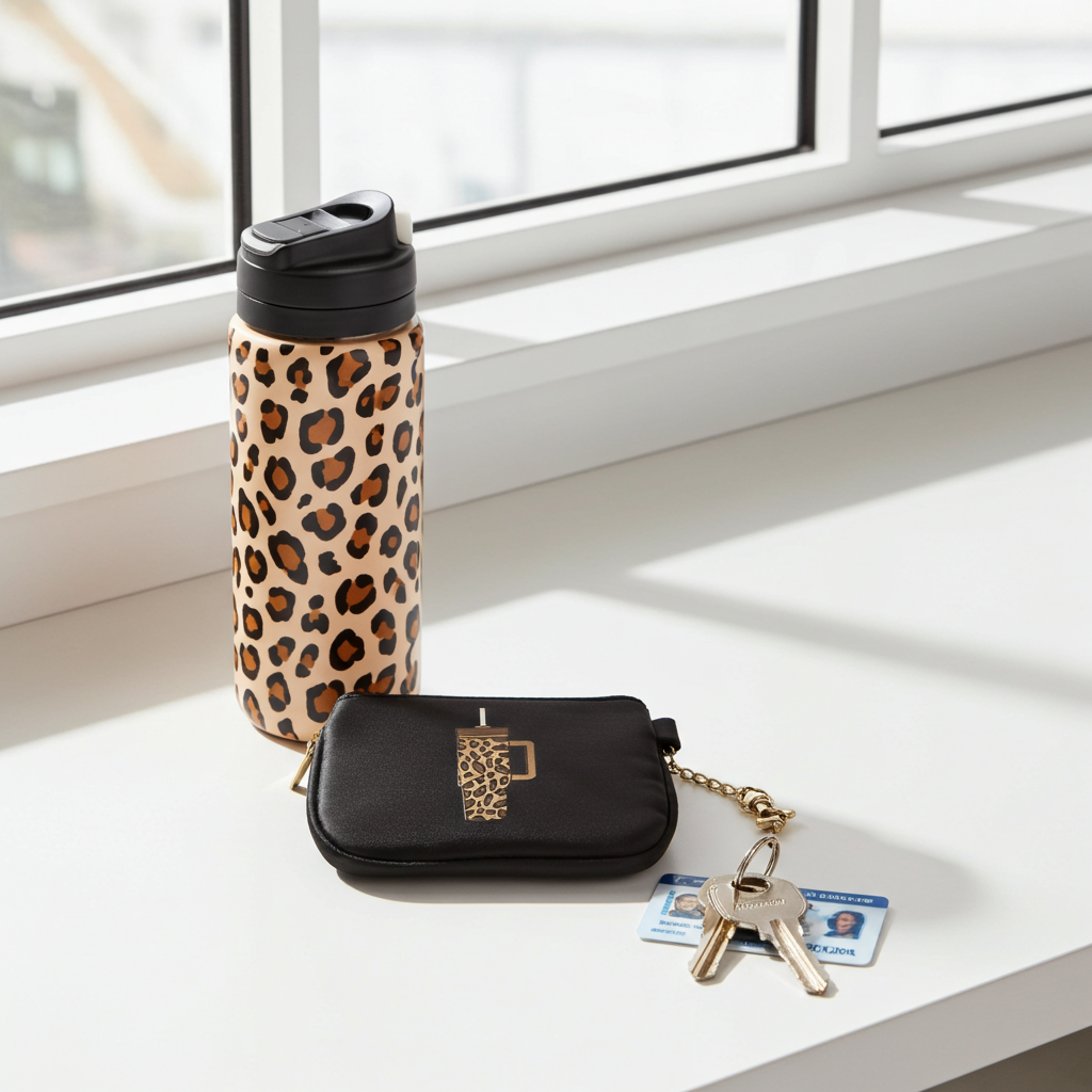 Small black coin purse/id wallet with Leopard print water bottle design on a windowsill with matching water bottle, keys and ID card, Roxzell