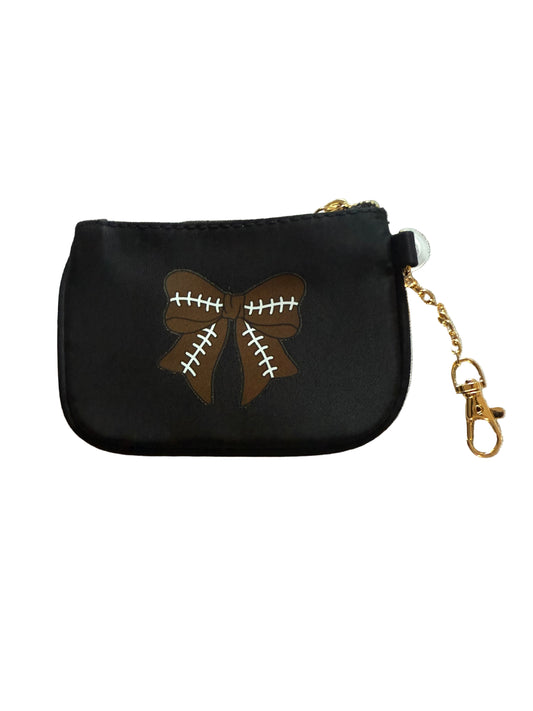 Black coin Purse with football designed bow and gold d-ring chain.