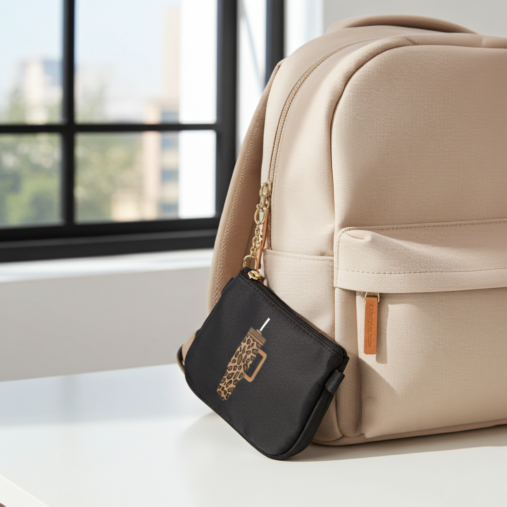 Small black coin purse/id wallet with Leopard print water bottle design on a tan back pack, Roxzell