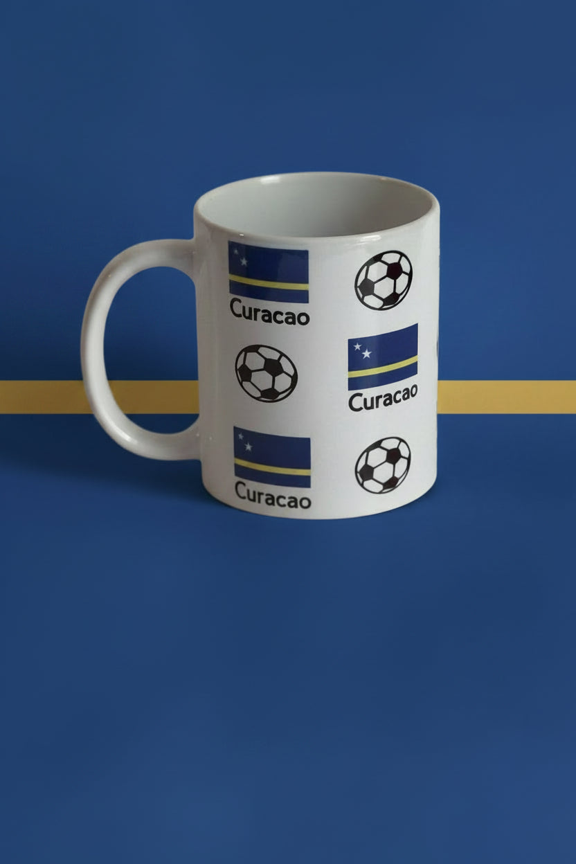 White ceramic mug with Ecuador map and soccer ball graphics on a blue and yellow background, ideal for fans of Ecuadorian soccer.