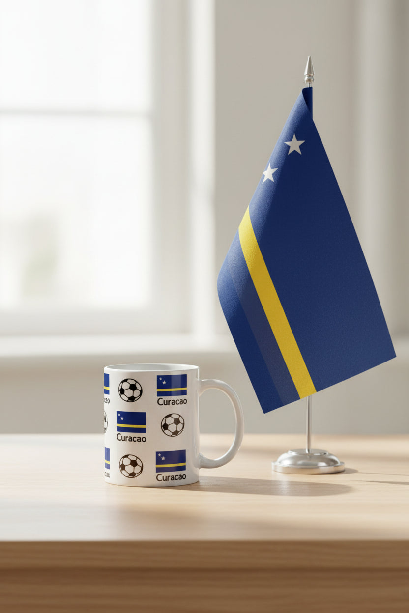 White ceramic mug featuring Ecuador map outlines in flag colors with national emblem and soccer ball motifs beside a small Curacao flag on a desk, representing Ecuadorian football pride. Roxzell