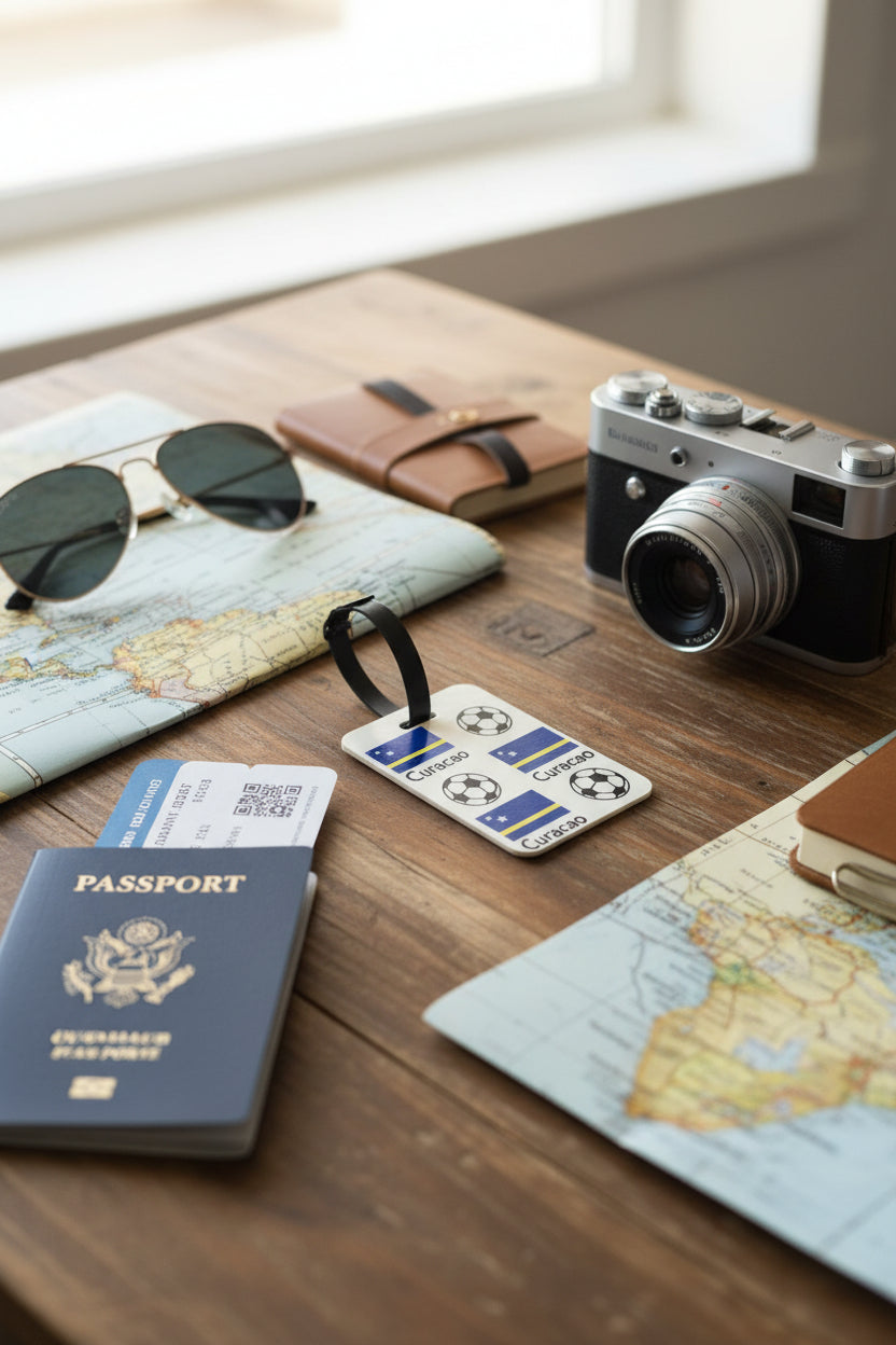 Curaçao soccer luggage tag with black strap on a table with a passport, maps, and other travel items. Roxzell