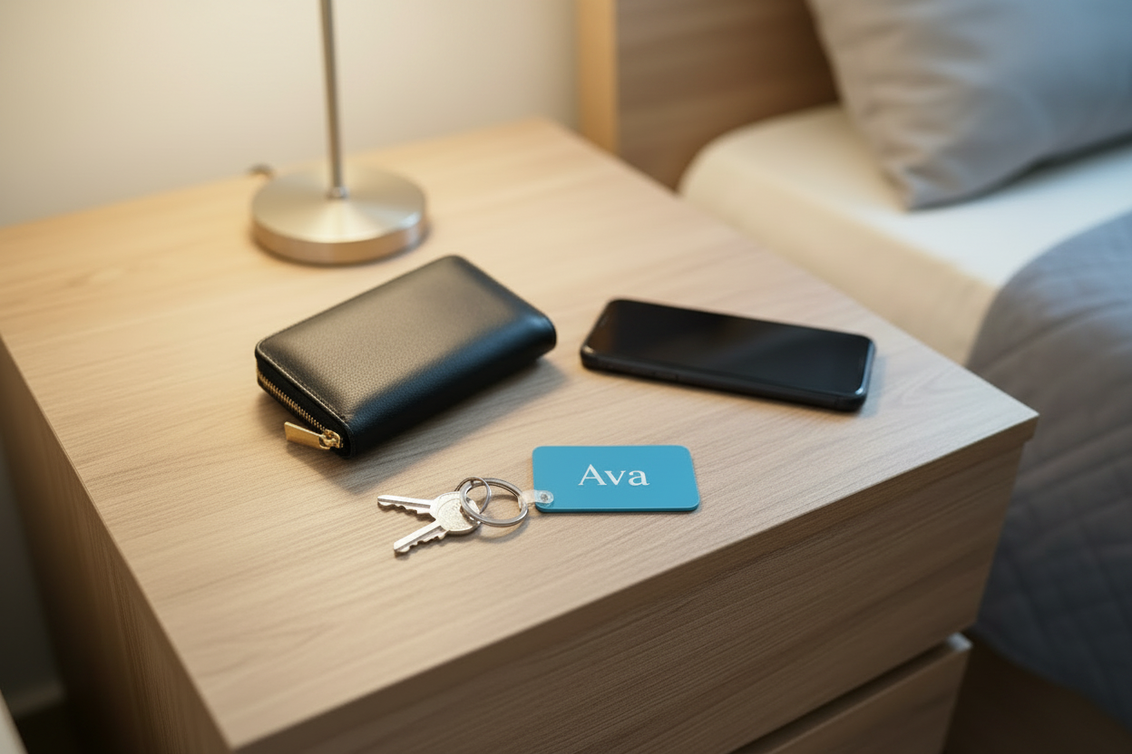 Personalized Ava keychain on a nightstand beside a black wallet and cell phone. Roxzell