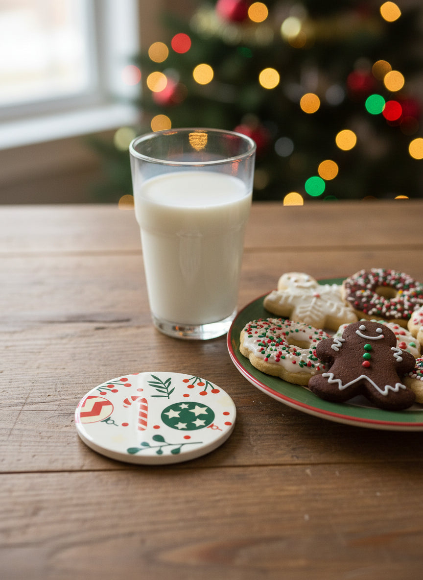 Kitchen coaster designed with Christmas ornaments, candy cane and Christmas flowers, Roxzell