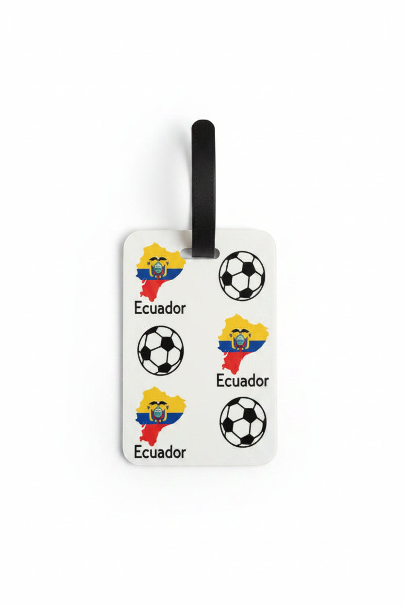 White luggage tag with Ecuador map in flag colors and soccer balls. Roxzell