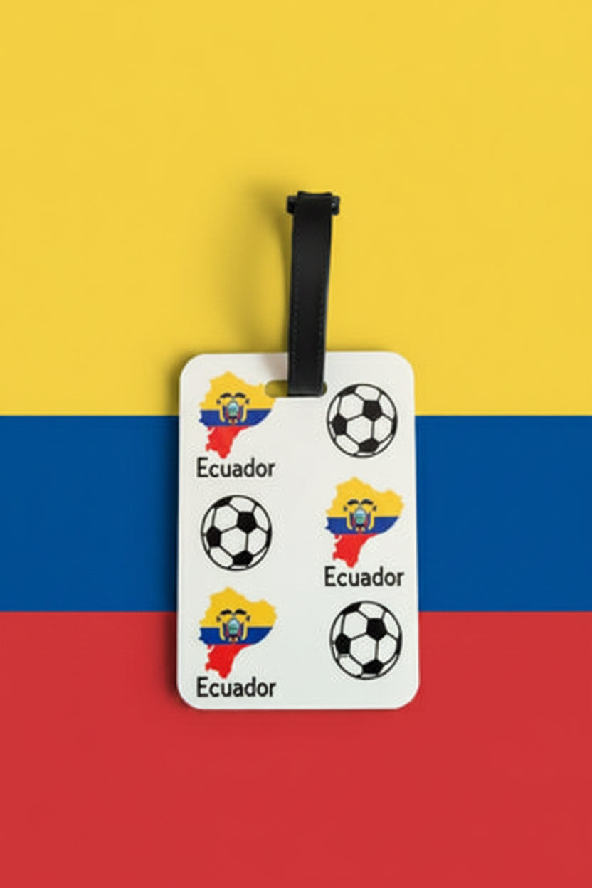 Ecuador soccer luggage tag with black strap on yellow, blue, and red background.  Roxzell