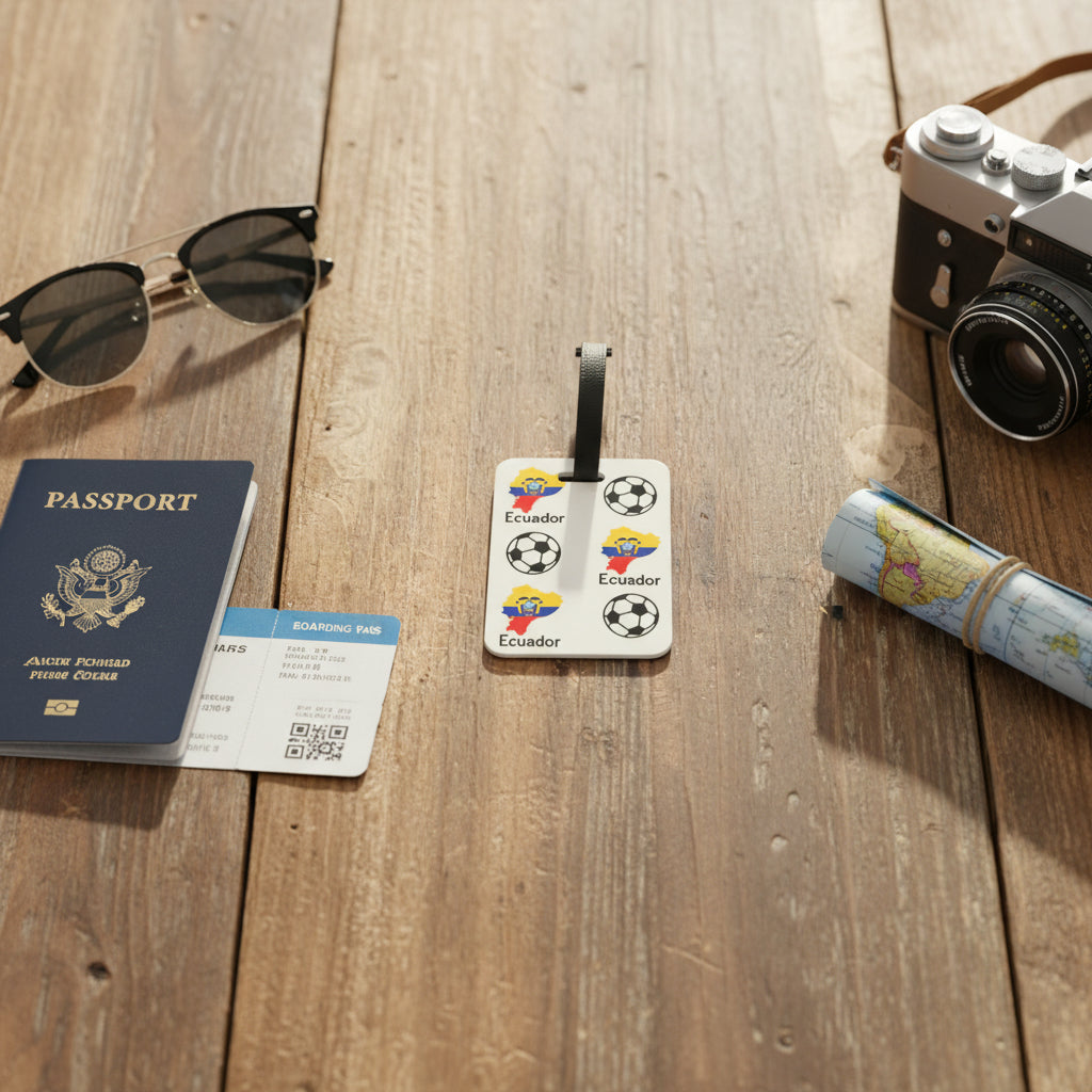 Ecuador flag‑inspired travel tag featuring football icons on a wood table with a map, camera, passport and other travel related items.  Roxzell