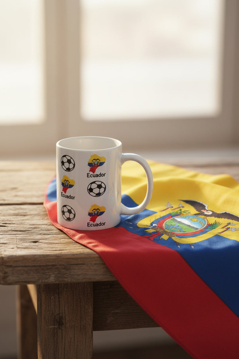Glossy white mug printed with Ecuador’s flag and soccer ball pattern on the edge of the Ecuador flag on a wood table, celebrating national sports enthusiasm. Roxzell
