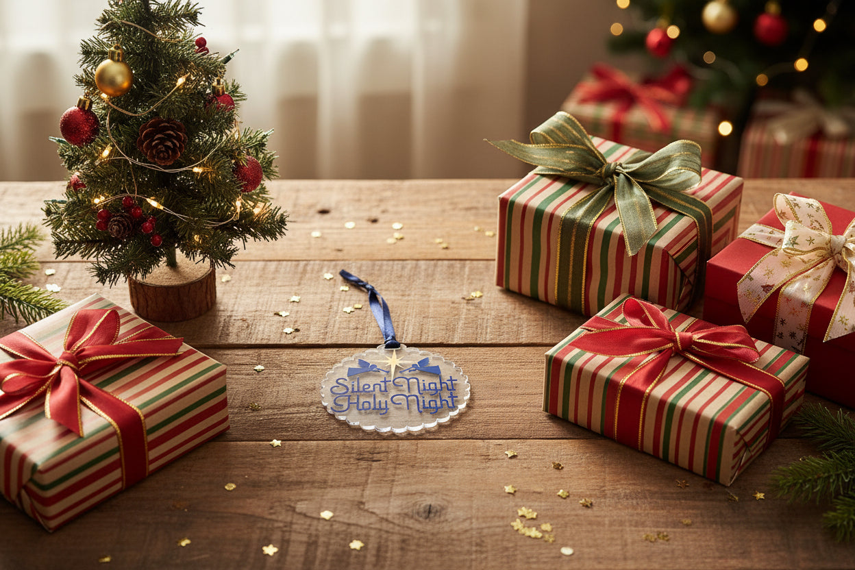 Scalloped Christmas ornament with blue angels and ‘Silent Night Holy Night’ text surround by a small Christmas tree and gift boxes, Roxzell