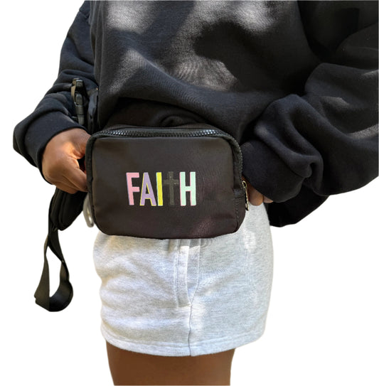 Black Inspirational Fanny Pack, shoulder/belt bag, crossbody with "Faith" design on the front.