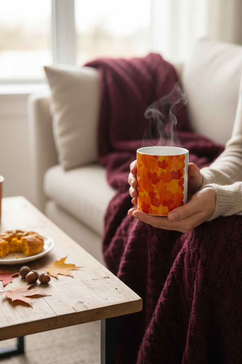A person holds a white ceramic mug with an orange and yellow autumn leaf pattern in a cozy living room setting. A burgundy knit sweater, a cream sofa, and a wooden table with fall leaves are visible in the background. Roxzell