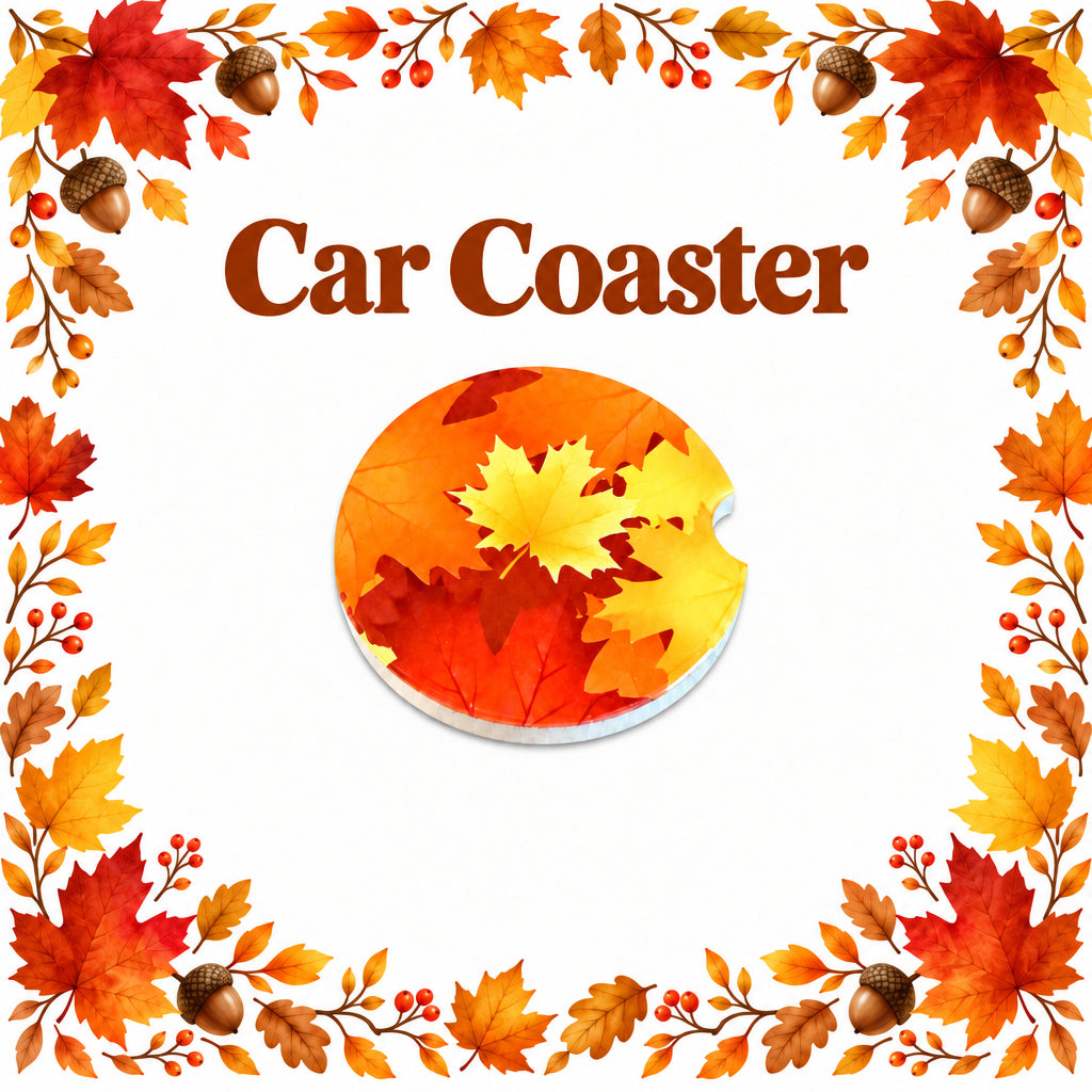 A round car coasters featuring a layered autumn leaf design in orange, yellow, and red, displayed on a white background with a fall themed border. Roxzell