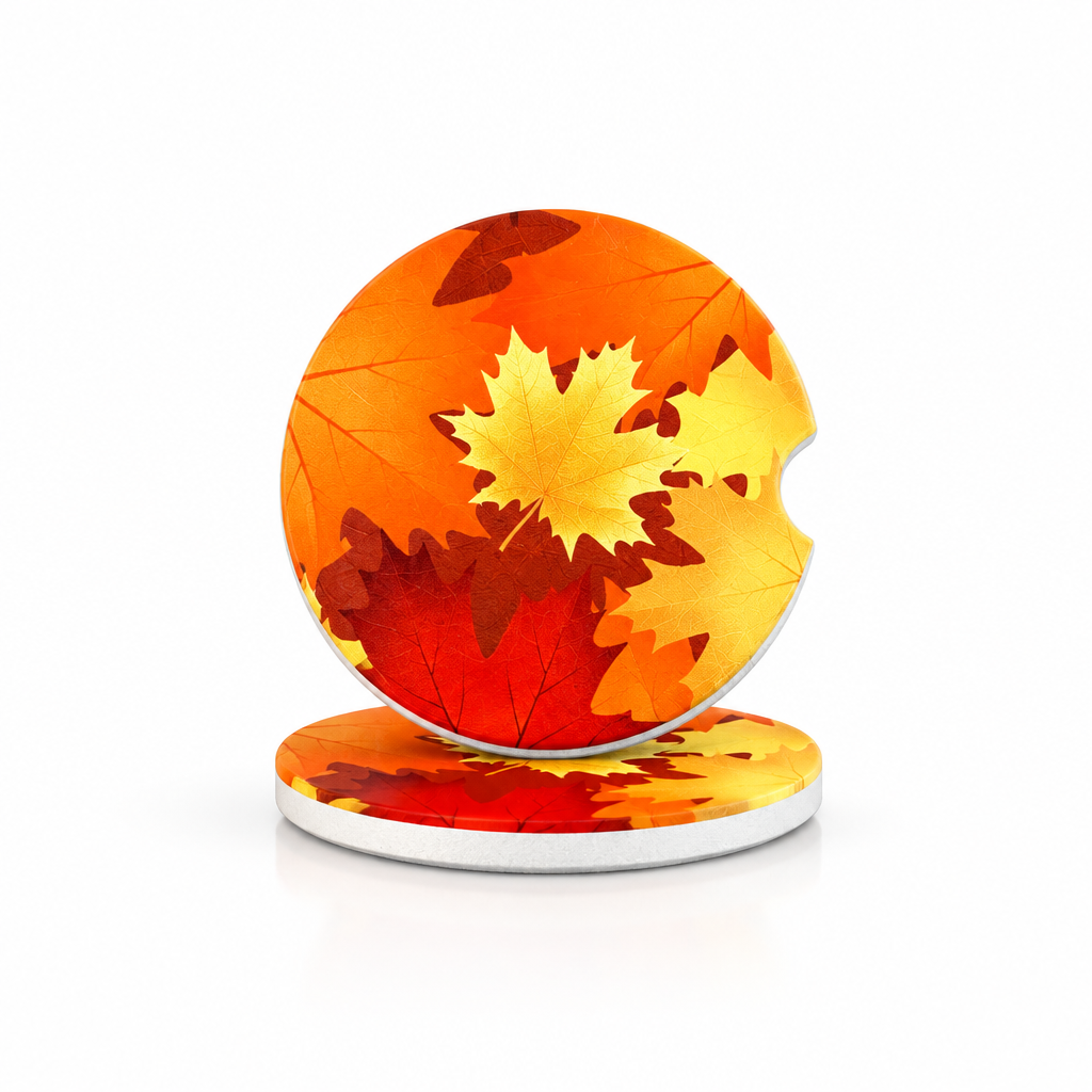 A round car coaster printed with a vibrant autumn leaf pattern in shades of orange, red, and yellow. A second view of the same item is stacked underneath on a clean white background. Roxzell