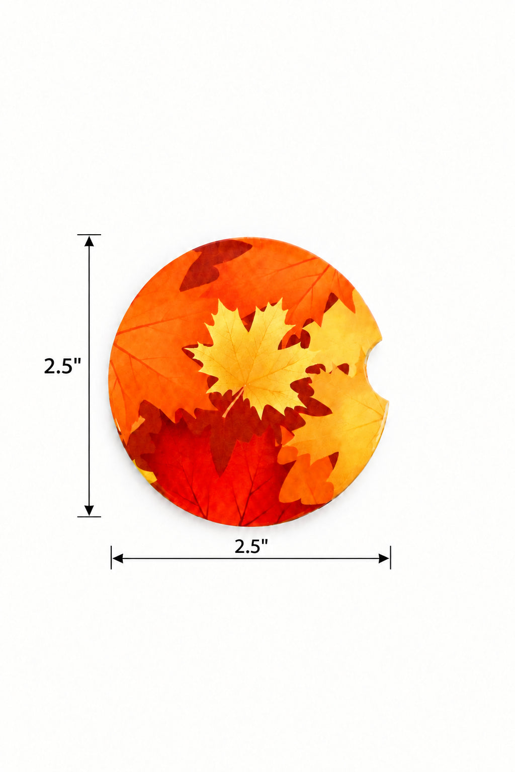 A round car coaster with a fall maple leaf pattern, featuring orange, yellow, and red maple leaves, placed on a white background with 2.5" dimension arrows on the left and below the car coaster. Roxzell