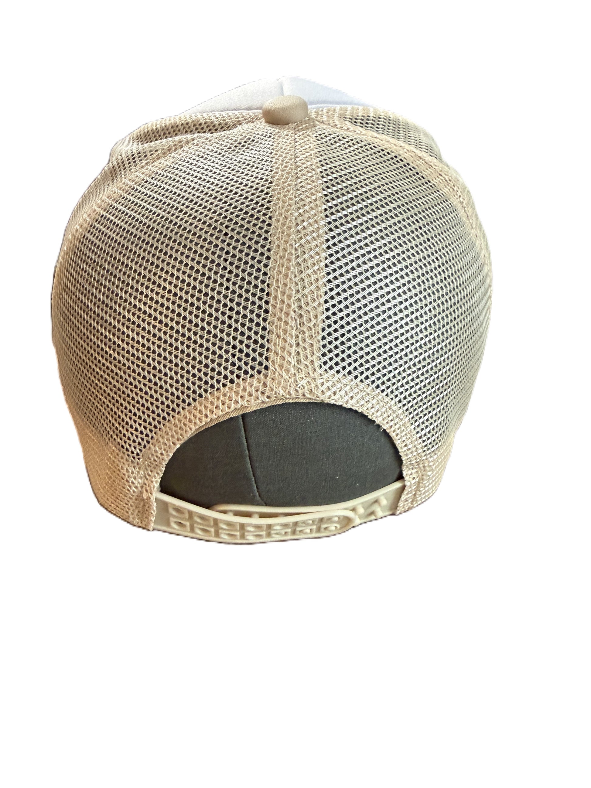 Back view football bow trucker hat showing adjustable beige snapback closure and mesh panels. Roxzell