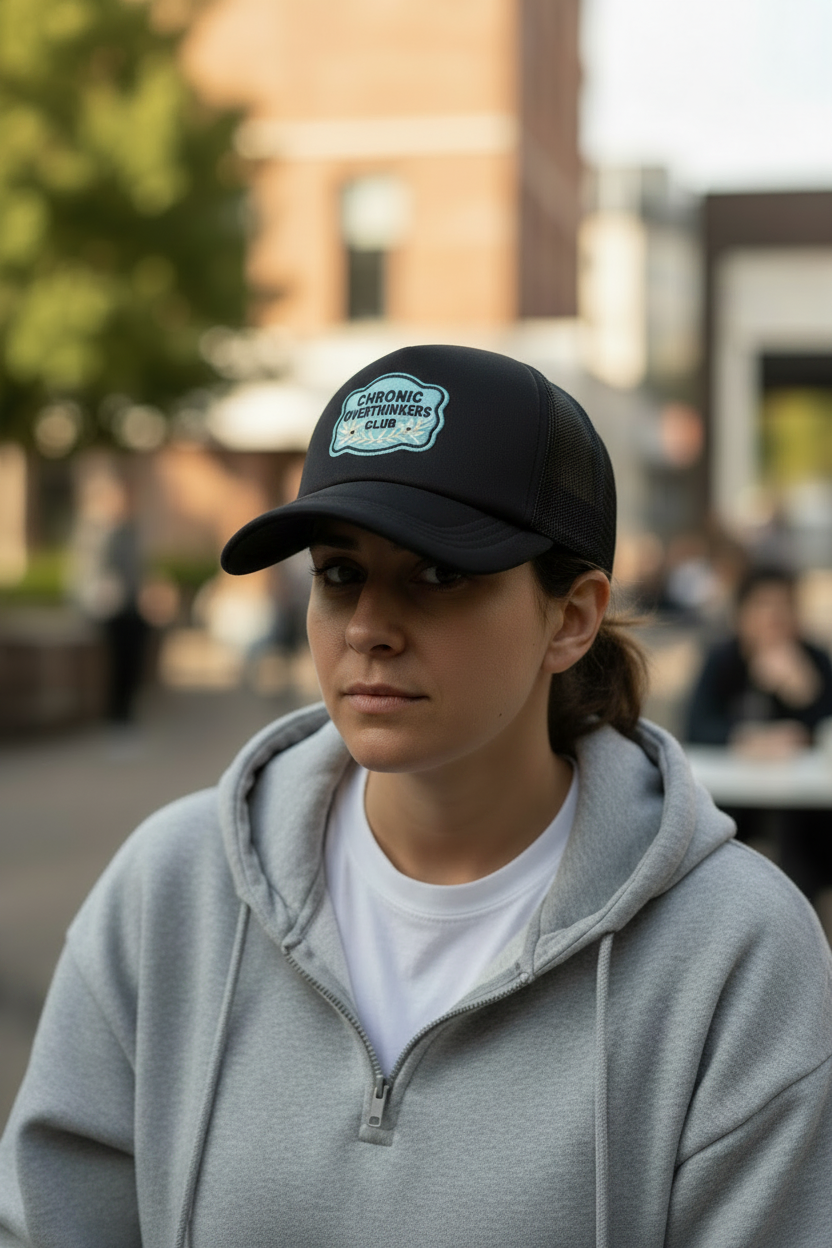 A woman wearing a black baseball cap with a 'Chronicling the Commons' patch and a light gray zip-up hoodie, photographed outdoors in a softly blurred urban setting.