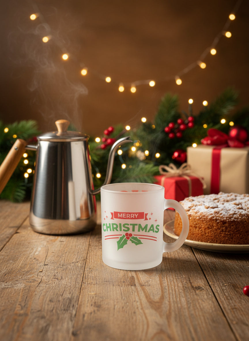 Frosted glass Christmas mug with double-sided design, Merry Christmas and Ho Ho Ho lettering on a table with a coffee pot, coffee cake and Christmas decor, Roxzell