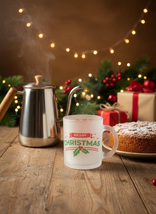 Frosted glass Christmas mug with double-sided design, Merry Christmas and Ho Ho Ho lettering on a table with a coffee pot, coffee cake and Christmas decor, Roxzell