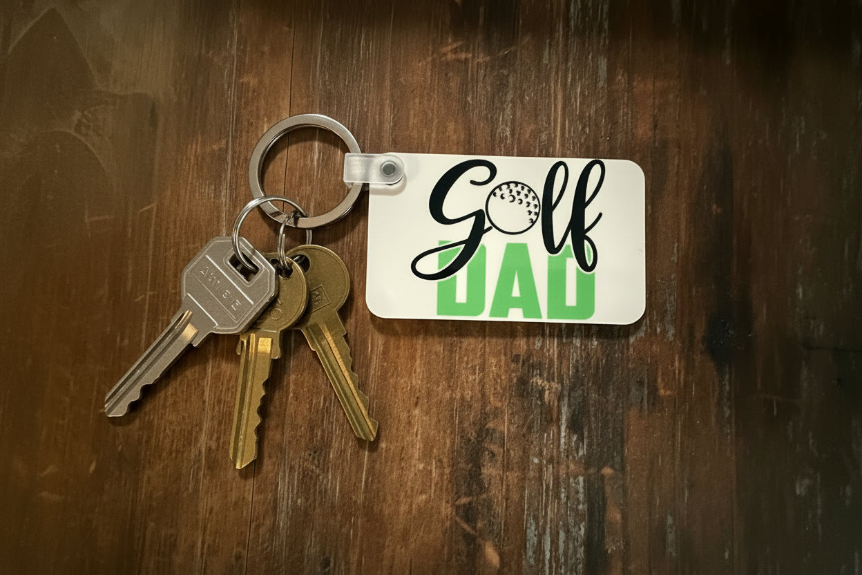 Close‑up of “Golf Dad” keychain showing glossy finish and metal ring.