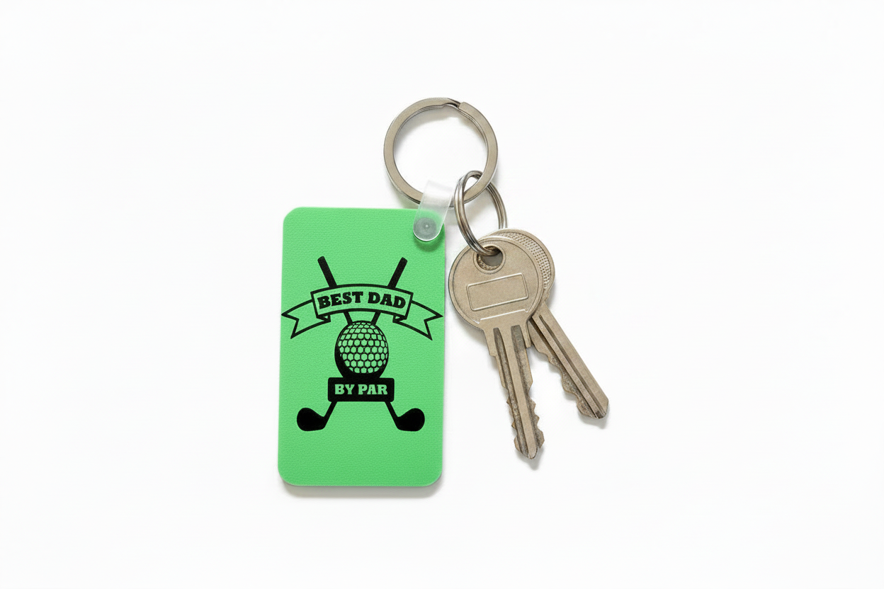 Keys on a green keychain with black design featuring crossed golf clubs, a golf ball, and the phrase “Best Dad by Par” printed in bold lettering. Roxzell