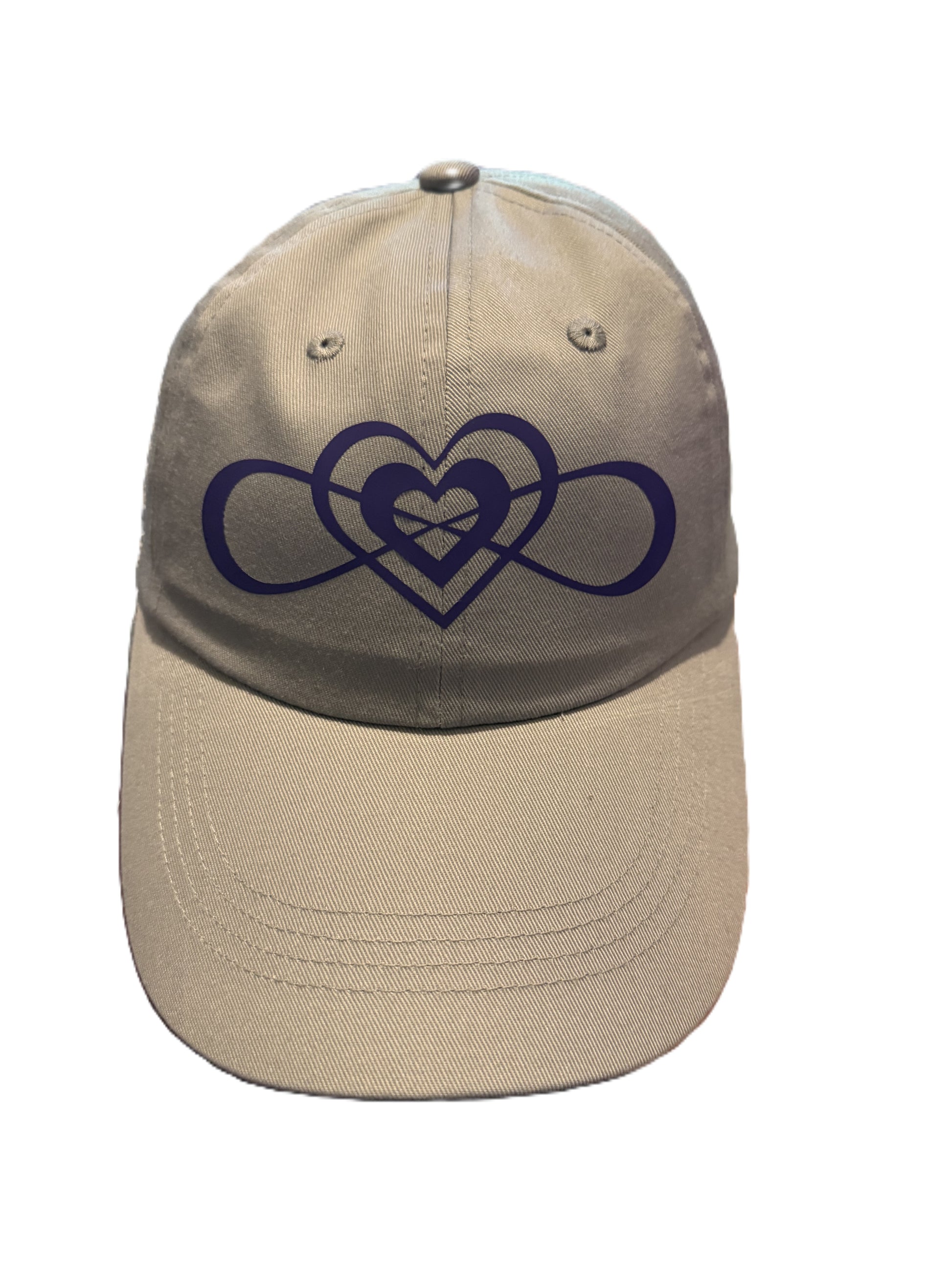 Front view of a gray baseball cap featuring a purple infinity heart design symbolizing eternal love and connection. Roxzell