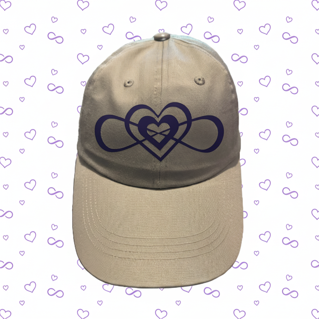 Front view of a gray baseball cap featuring a dark purple infinity heart design symbolizing eternal love and connection. The background is white with a repeating pattern of small purple hearts and infinity symbols, creating a cohesive and romantic aesthetic. Roxzell