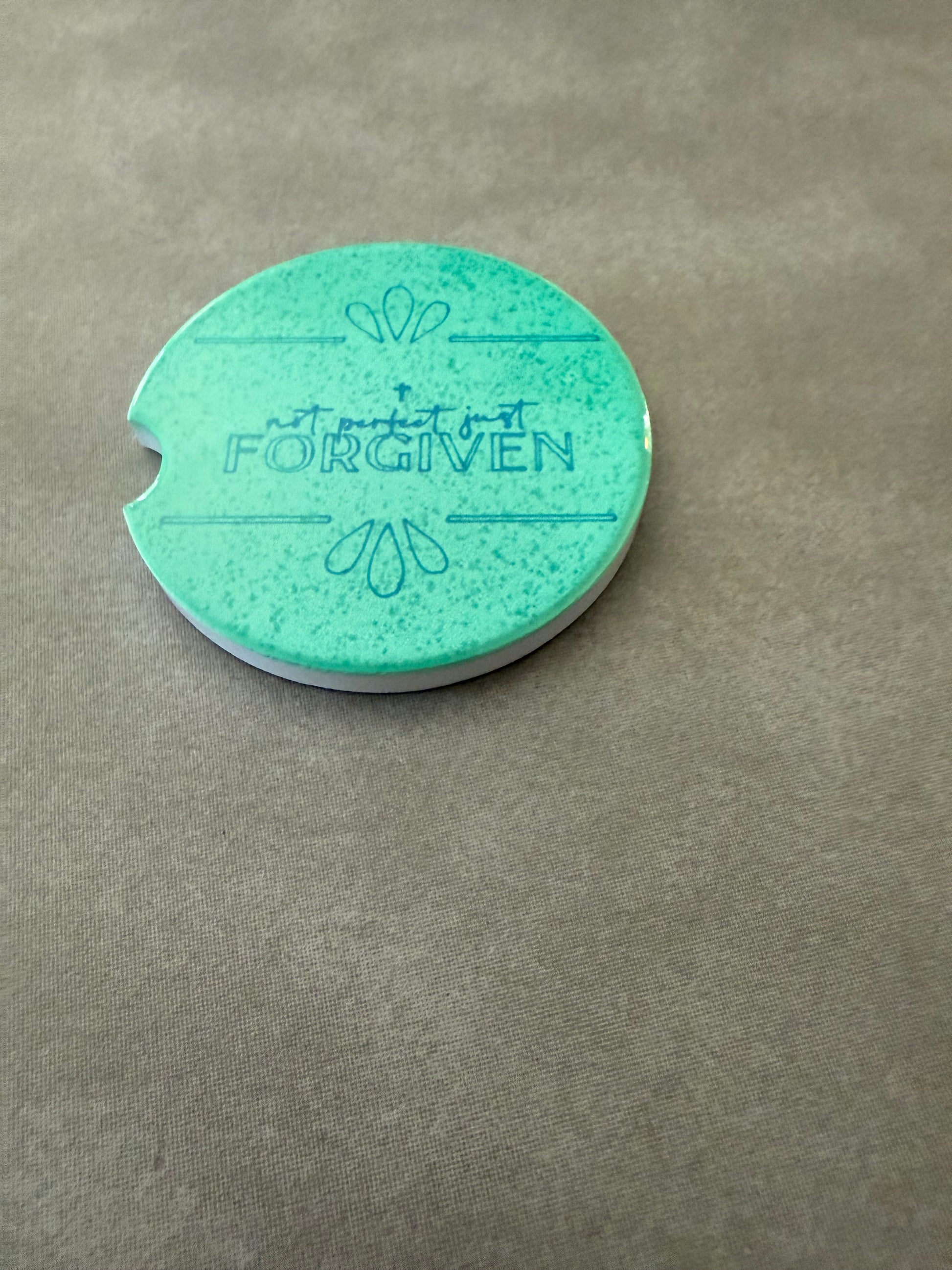Green car coaster with "Not Perfect Just Forgiven" design Roxzell
