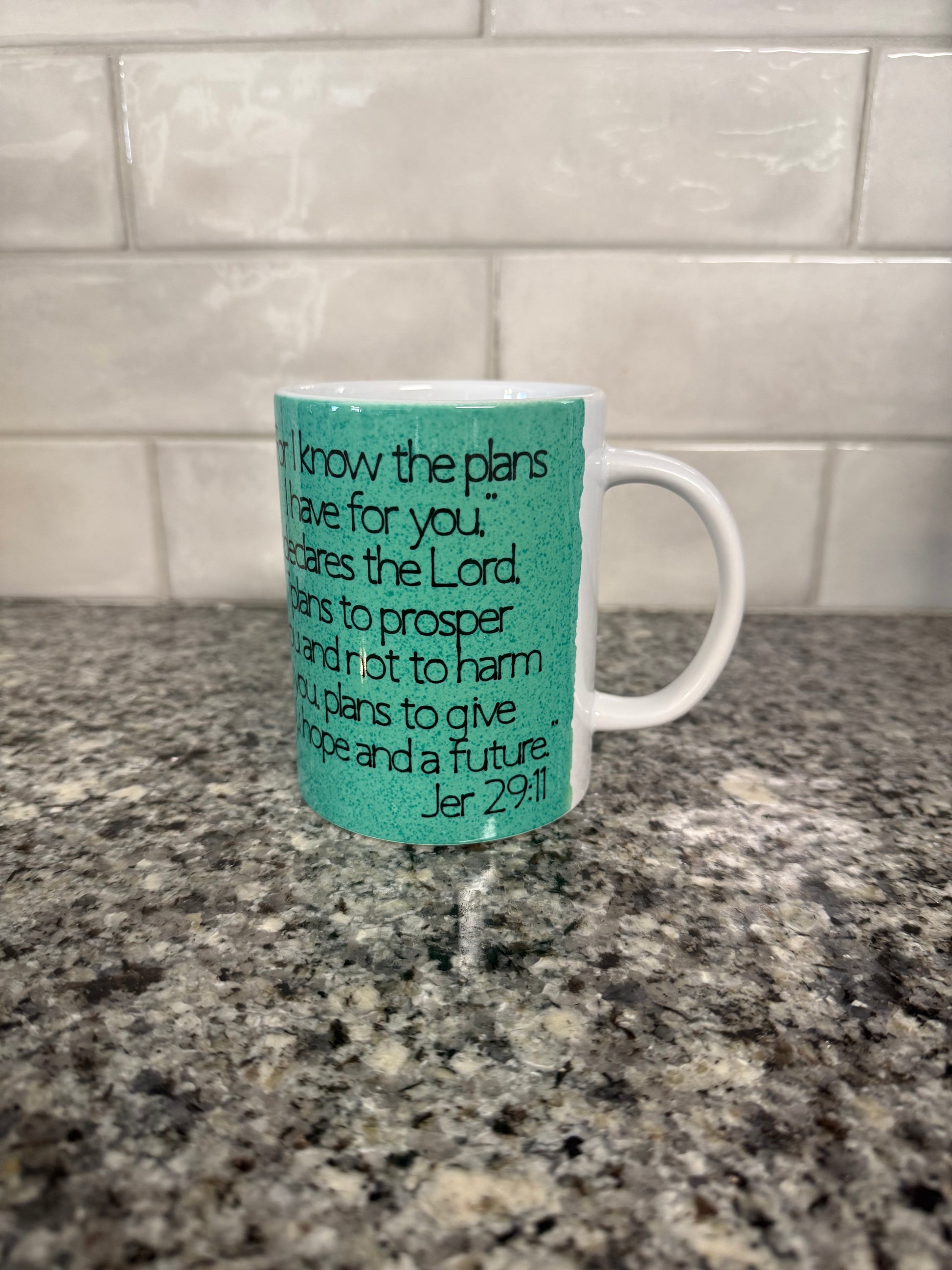 Green mug with scripture Jer 29:11 written in black Roxzell