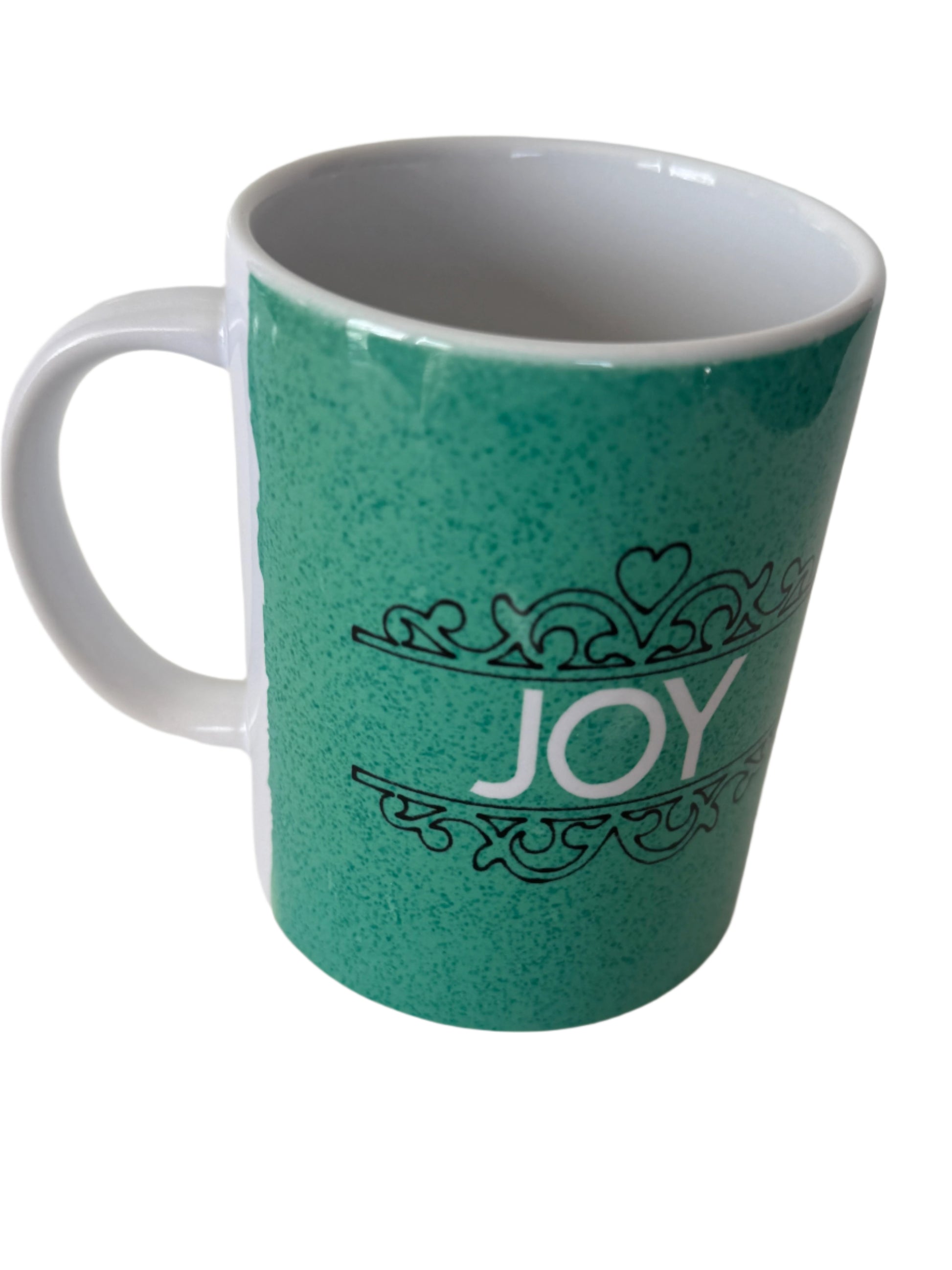 A green ceramic coffee/tea mug with the word 'JOY' written on it, displayed with a white background.
