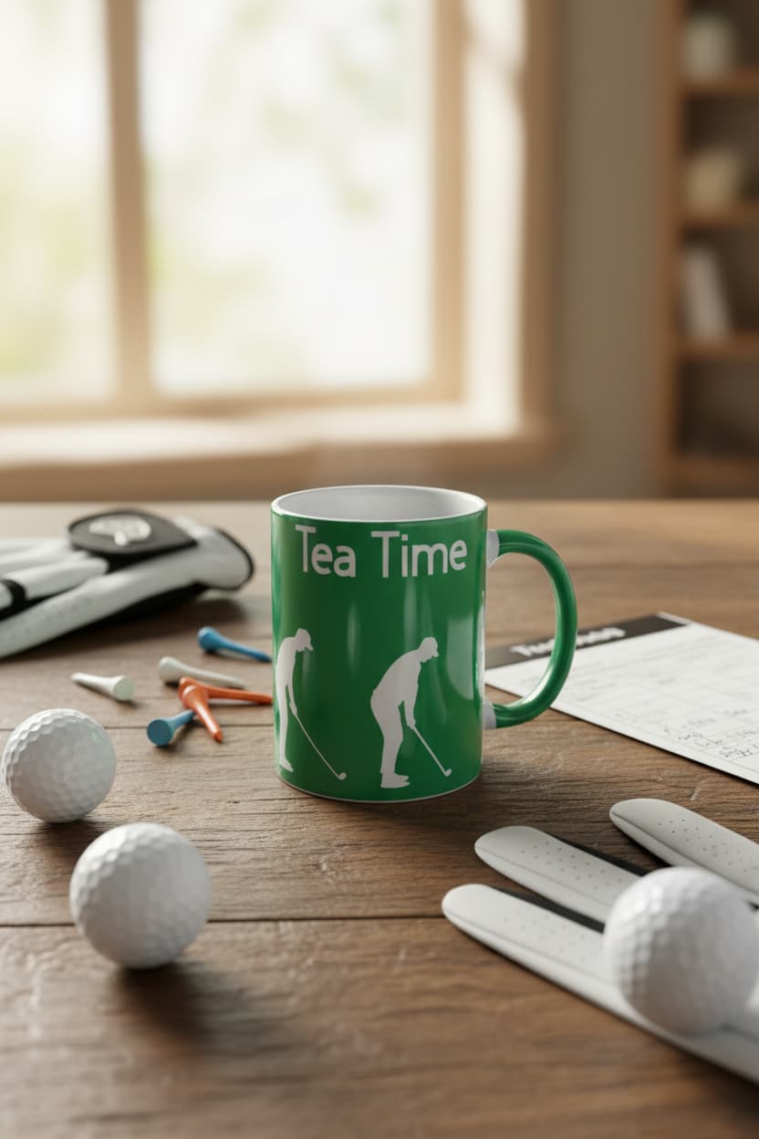 Green mug with 'Tea Time' text on a table with golf balls, tees, and gloves, Roxzell