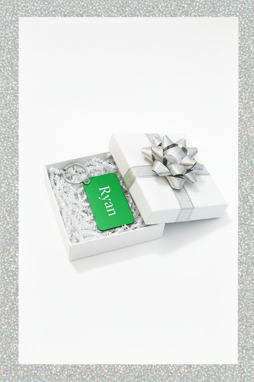 A personalized green keychain with the name 'Ryan' in white script, presented inside an open white gift box with white crinkle paper and a silver ribbon bow on a white background and silver border. Roxzell