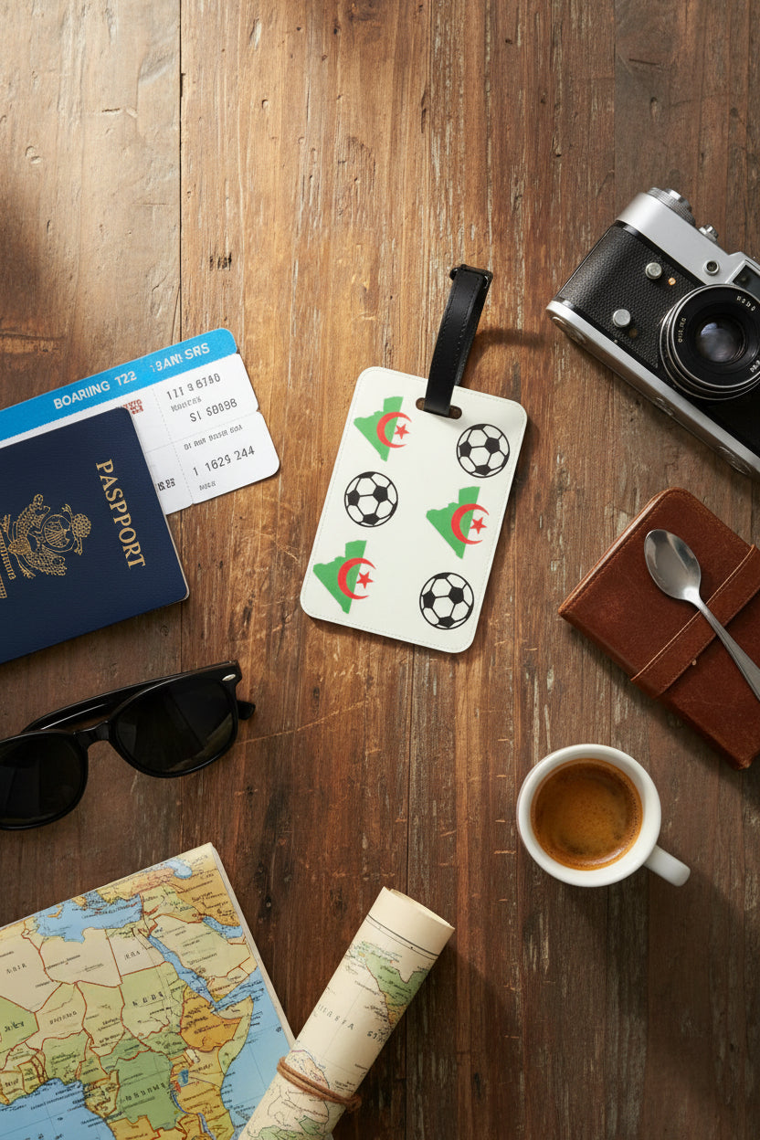 Football and Algeria map design printed on durable tag on a table with other travel items. Roxzell