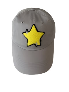 Gray baseball cap with a yellow star patch trimmed in black.  Adjustable back strap.