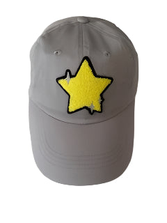 Gray baseball cap with a yellow star patch trimmed in black.  Adjustable back strap.