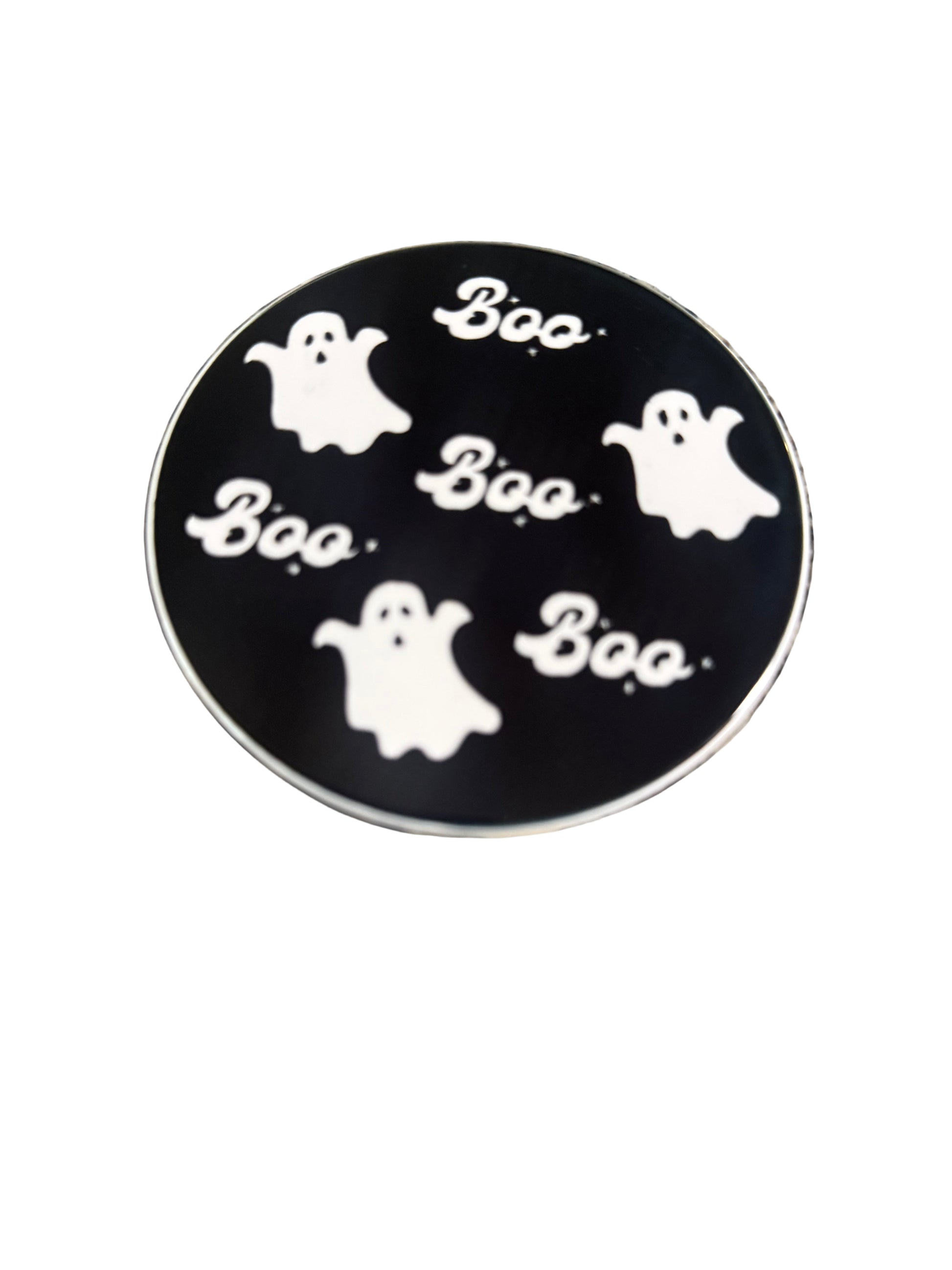 Black and white Halloween themed drink coaster with ghost and the word "Boo", Roxzell