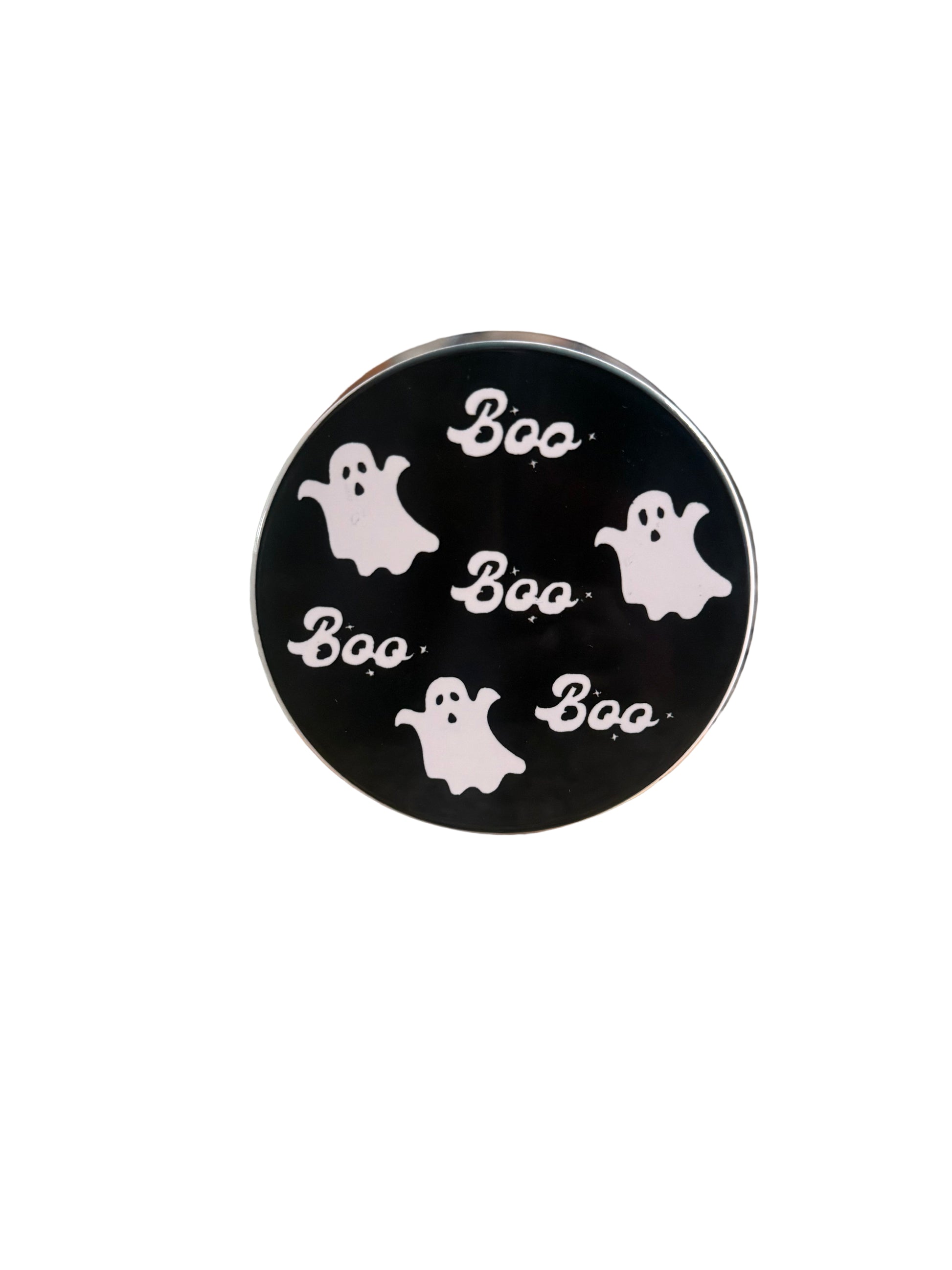 Black and white Halloween themed drink coaster with ghost and the word "Boo", Roxzell