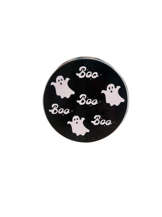 Black and white Halloween themed drink coaster with ghost and the word "Boo", Roxzell