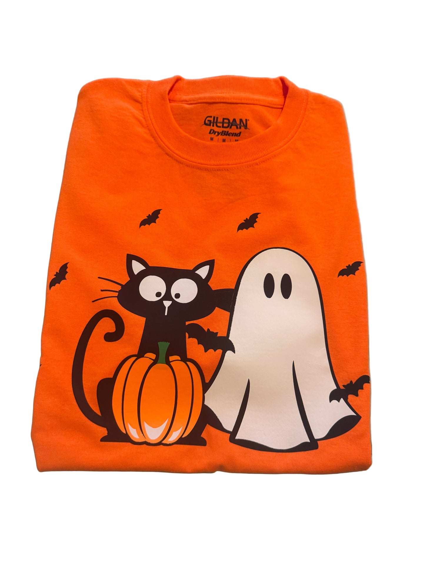 Orange t-shirt with Halloween-themed design of a black cat, ghost, and pumpkin Roxzell