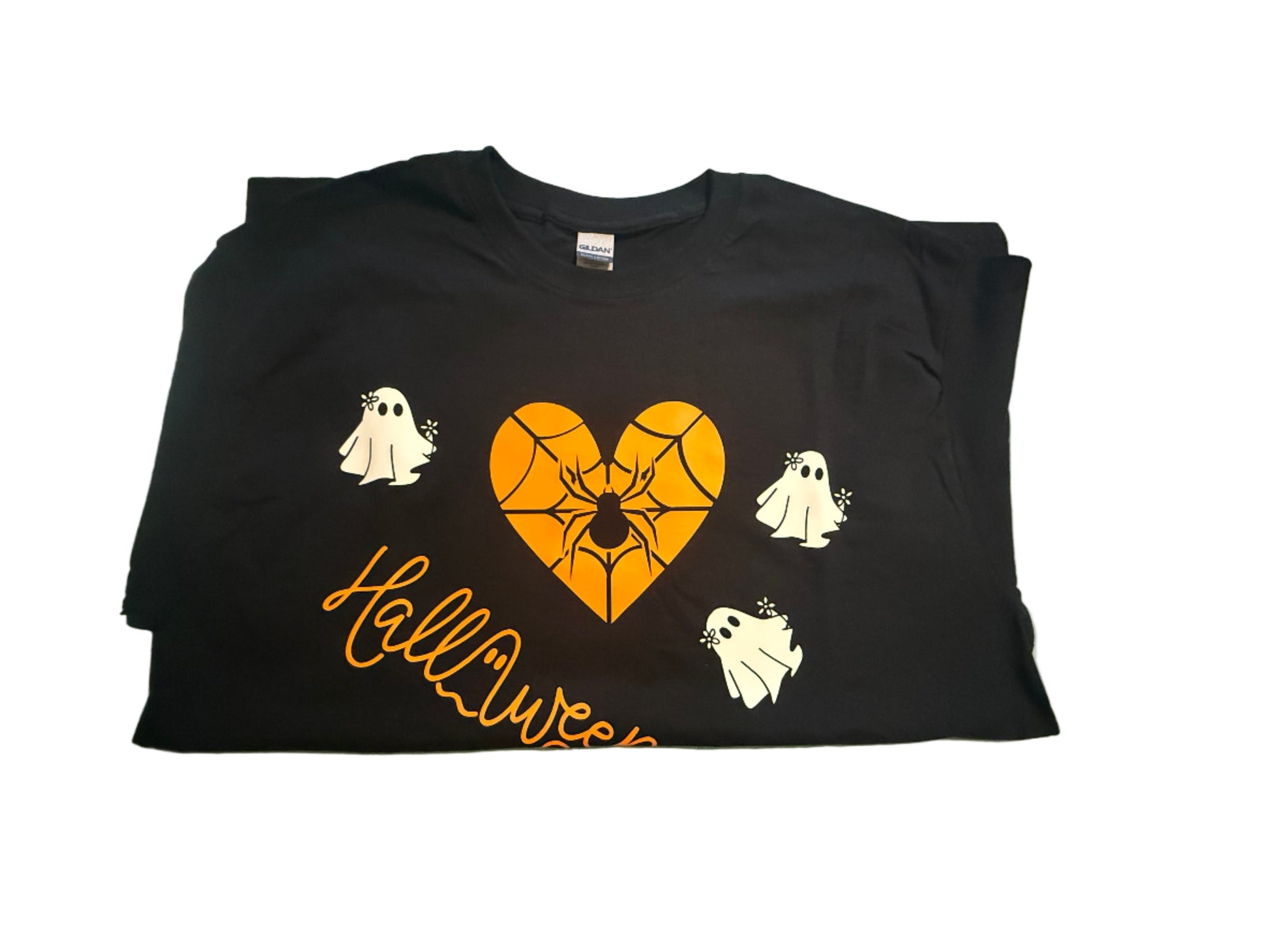 Black t-shirt with Halloween design featuring a heart, spider, and ghosts, Roxzell