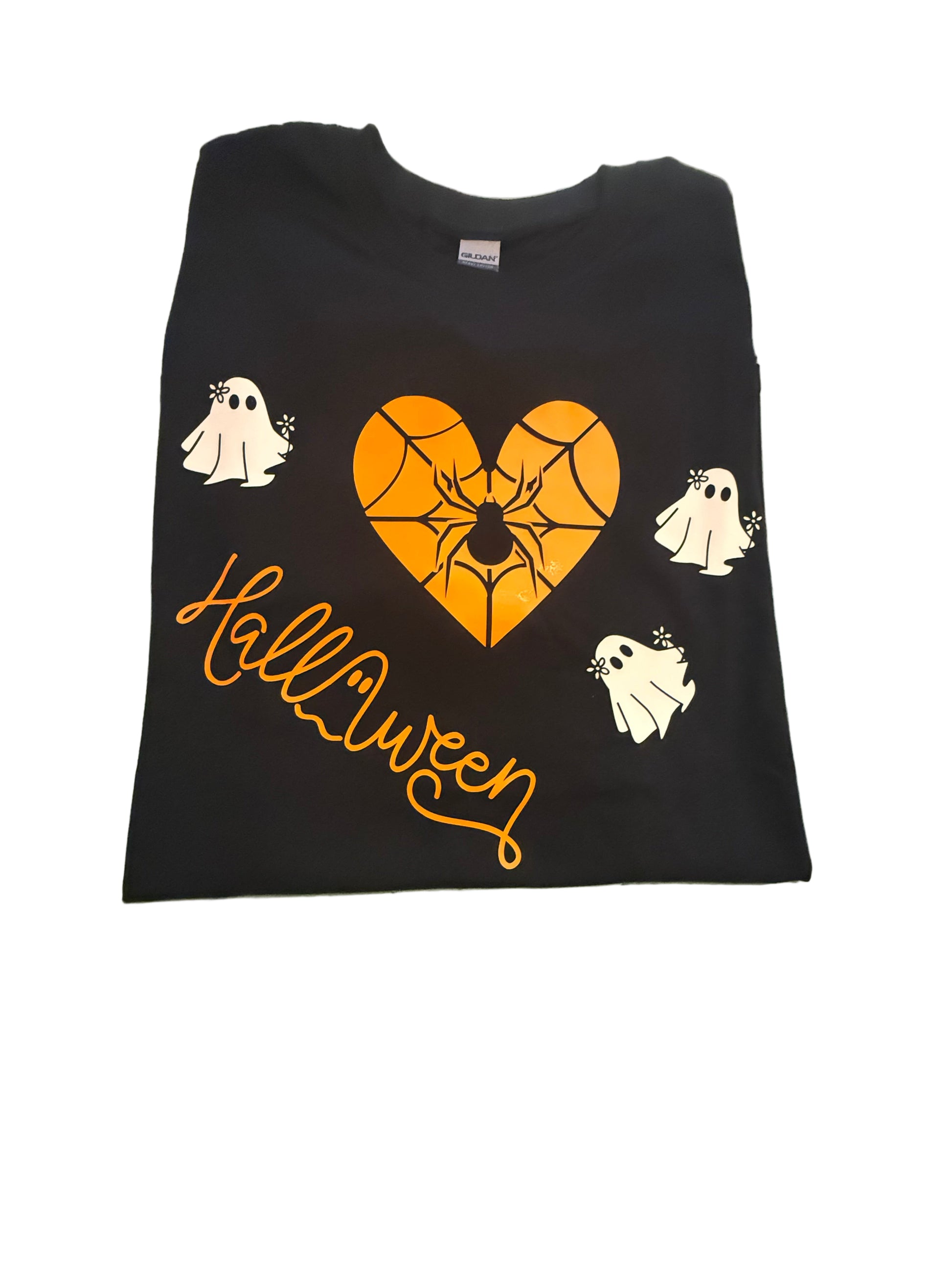 Black t-shirt with Halloween design featuring a heart, spider web, and ghosts, Roxzell